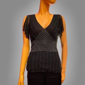 ADRIANNA PAPELL 90s Beaded Silk Flutter Sleeve Vintage Sheer Top Petite